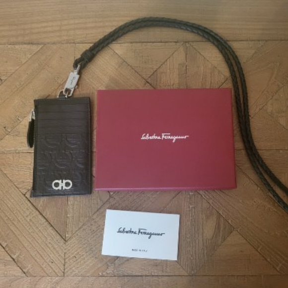 Ferragamo Gancini-embossed Black Leather Cardholder with Strap - Picture 1 of 16